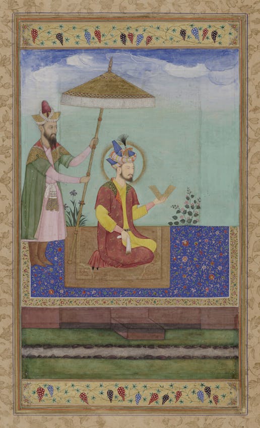 A South Asian miniature painting showing a noble figure with a golden halo reading a book while an attendant holds a ceremonial umbrella over him.